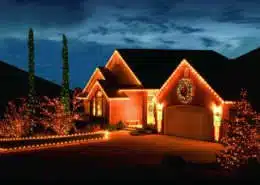 Outdoor patio with landscape lighting on a winter evening in Charlotte, NC